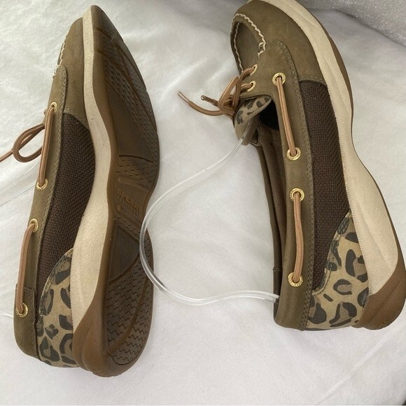 Sperry Top Sider Leather Tan Brown Boat Shoe with Animal Print Accent Size 8.5M - Picture 8 of 14